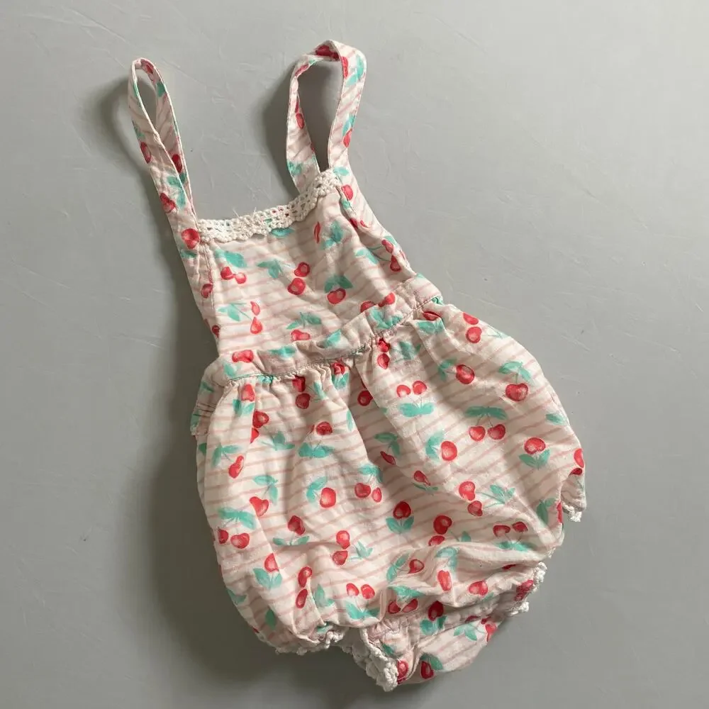 Piper & Posie Cherry Overall Backless Bubble Romper 3-6m